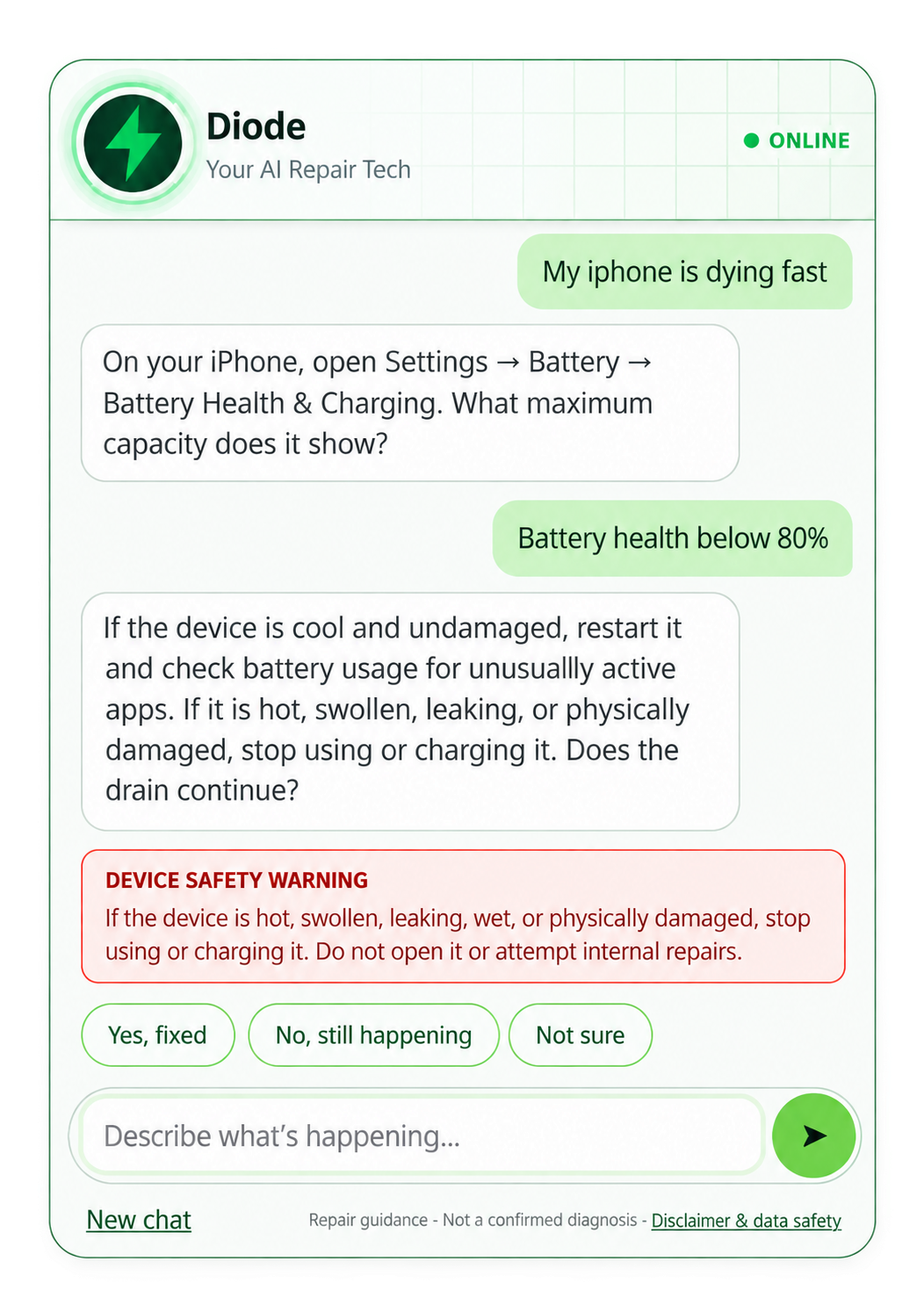 Preview of Diode, your AI Repair Tech, offering device troubleshooting and safety guidance