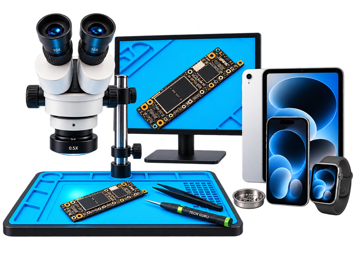 Tech Guru advanced electronics repair lab with microscope, monitor, logic board, phone, tablet and watch