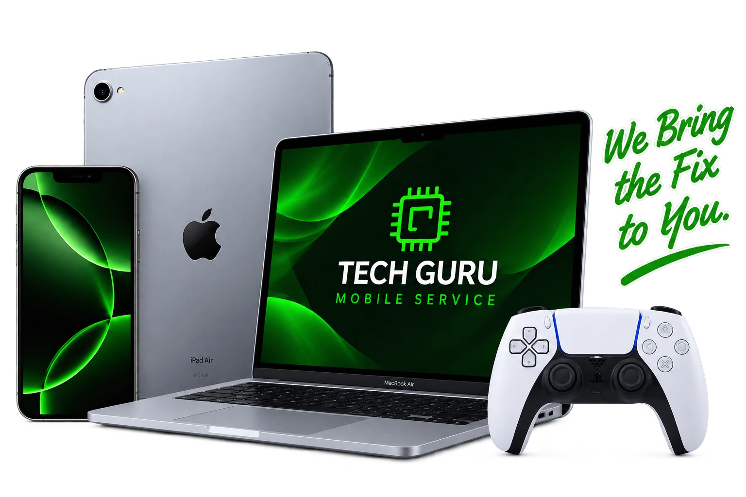 Phone, tablet, laptop and game controller representing Tech Guru mobile electronics repair